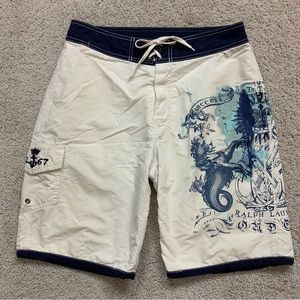 Men’s POLO by RALPH LAUREN White & Navy NAUTICAL Designer SWIM Trunks SHORTS 30